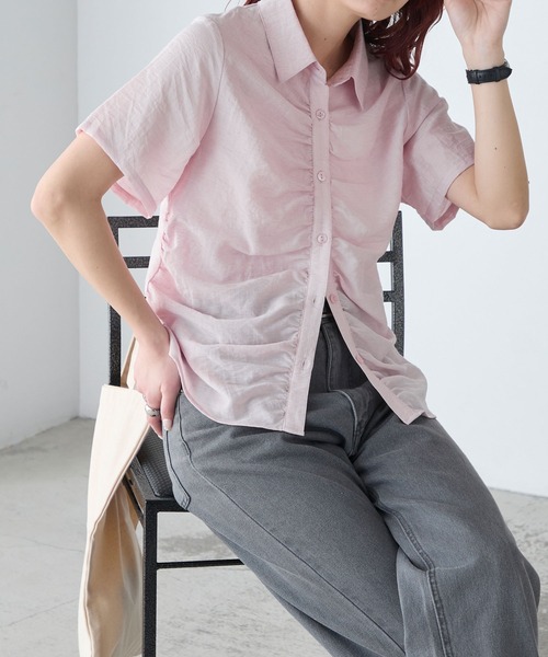 BONLECILL(ボンルシール)の「リネンブレンドギャザー半袖シャツ(シャツ/ブラウス・レディース・チャコールグレー/アイボリー/ブルー/ピンク/ベージュ・FREE)」の17枚目の写真