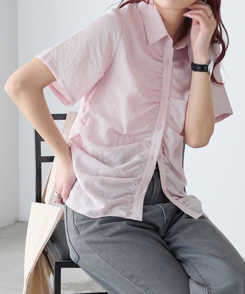 BONLECILL(ボンルシール)の「リネンブレンドギャザー半袖シャツ(シャツ/ブラウス・レディース・チャコールグレー/アイボリー/ブルー/ピンク/ベージュ・FREE)」の22枚目の写真