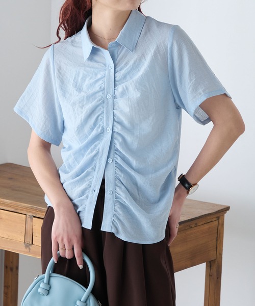 BONLECILL(ボンルシール)の「リネンブレンドギャザー半袖シャツ(シャツ/ブラウス・レディース・チャコールグレー/アイボリー/ブルー/ピンク/ベージュ・FREE)」の6枚目の写真
