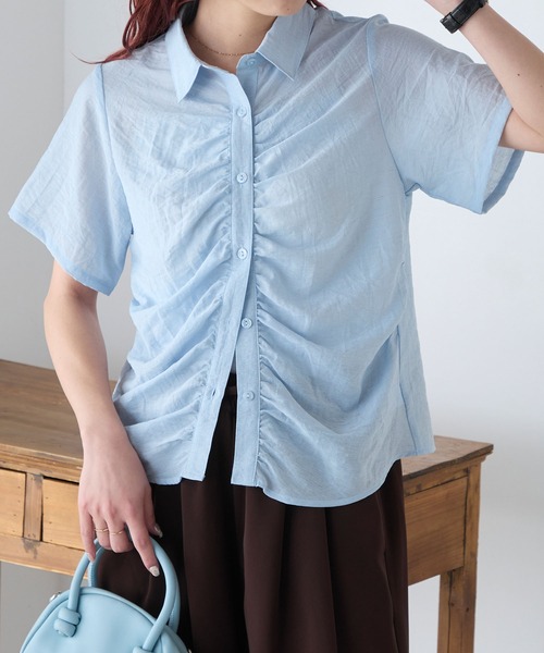 BONLECILL(ボンルシール)の「リネンブレンドギャザー半袖シャツ(シャツ/ブラウス・レディース・チャコールグレー/アイボリー/ブルー/ピンク/ベージュ・FREE)」の7枚目の写真