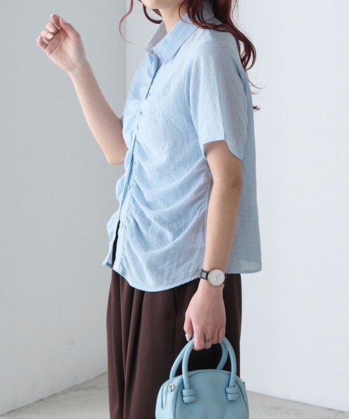 BONLECILL(ボンルシール)の「リネンブレンドギャザー半袖シャツ(シャツ/ブラウス・レディース・チャコールグレー/アイボリー/ブルー/ピンク/ベージュ・FREE)」の9枚目の写真