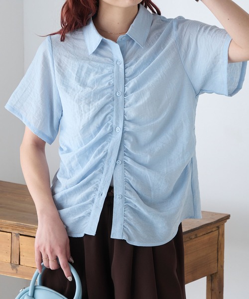BONLECILL(ボンルシール)の「リネンブレンドギャザー半袖シャツ(シャツ/ブラウス・レディース・チャコールグレー/アイボリー/ブルー/ピンク/ベージュ・FREE)」の11枚目の写真