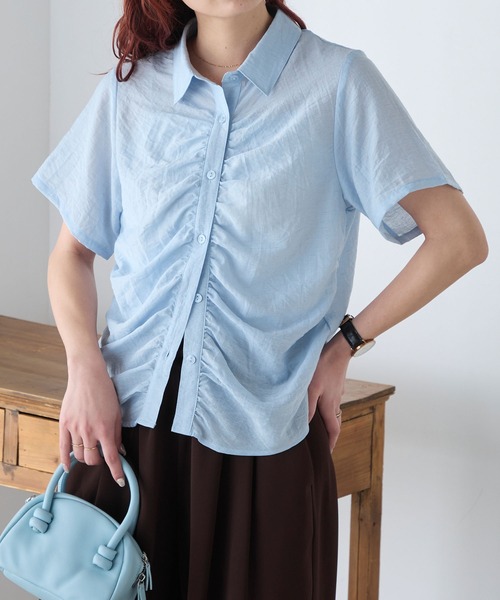 BONLECILL(ボンルシール)の「リネンブレンドギャザー半袖シャツ(シャツ/ブラウス・レディース・チャコールグレー/アイボリー/ブルー/ピンク/ベージュ・FREE)」の15枚目の写真