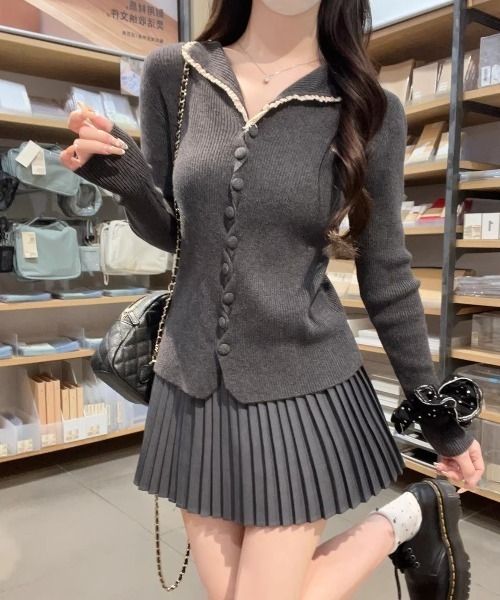 26春新作】クラシカルフリル襟ニットトップス（ニット/セーター