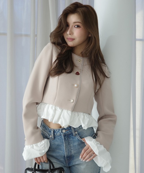 EIMY ISTOIRE（エイミーイストワール）の「HEART JACKET（ノーカラージャケット・レディース・ブラック/ライトベージュ/オフホワイト/ベージュ・F）」の4枚目の写真