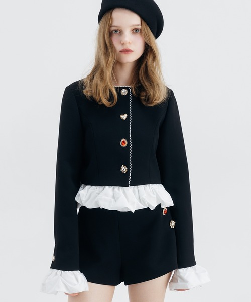 EIMY ISTOIRE（エイミーイストワール）の「HEART JACKET（ノーカラージャケット・レディース・ブラック/ライトベージュ/オフホワイト/ベージュ・F）」の6枚目の写真