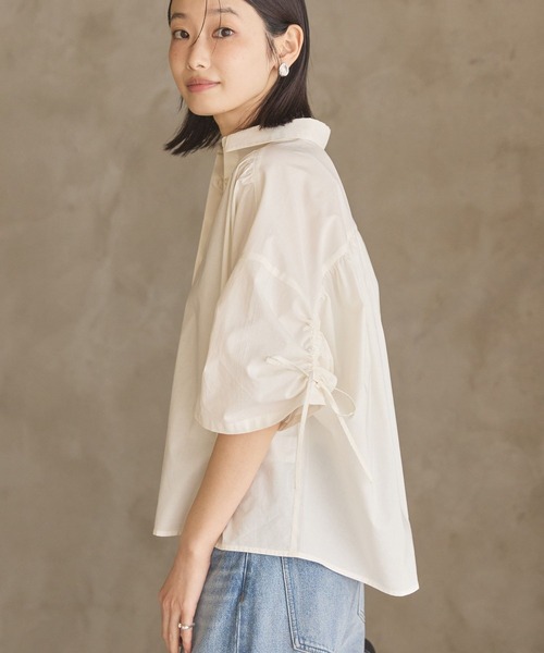 AMERICAN HOLIC(アメリカンホリック)の「【WEB限定】【接触冷感・UVカット】ギャザーリボンスリーブ半袖シャツ(シャツ/ブラウス・レディース・オフホワイト/サックスブルー/ストライプ・M/L)」の8枚目の写真