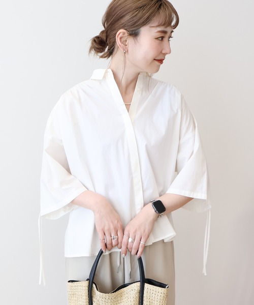AMERICAN HOLIC(アメリカンホリック)の「【WEB限定】【接触冷感・UVカット】ギャザーリボンスリーブ半袖シャツ(シャツ/ブラウス・レディース・オフホワイト/サックスブルー/ストライプ・M/L)」の5枚目の写真