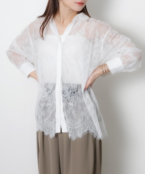 Riberry（リベリー）の「裾スカラップレースシアーシャツ（シャツ/ブラウス・レディース・オフホワイト/ブラック・FREE）」の11枚目の写真