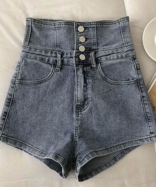 Lips(リップス)の「バックレースアップ ハイウエストデニムショートパンツ(デニムパンツ・レディース・ブルー・M/S)」の2枚目の写真
