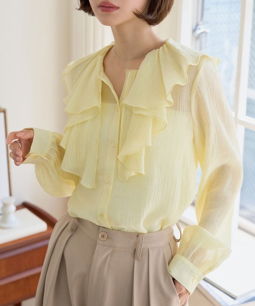 KOBE LETTUCE（コウベレタス）の「フリルカラーシアーブラウス（シャツ/ブラウス・レディース・ブラック/ホワイト/イエロー・M）」の7枚目の写真
