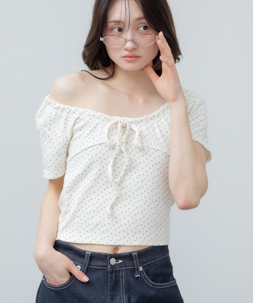 HEILIS(ヘイリス)の「花柄リボン半袖カットソー / 花柄 リボン ドロスト 半袖 トップス カットソー サーマル 韓国 カジュアル シティガール コンパクト ブラウン グレー アイボリー 夏服 春服(Tシャツ/カットソー・レディース・グレー/アイボリー/ブラウン・FREE)」の13枚目の写真