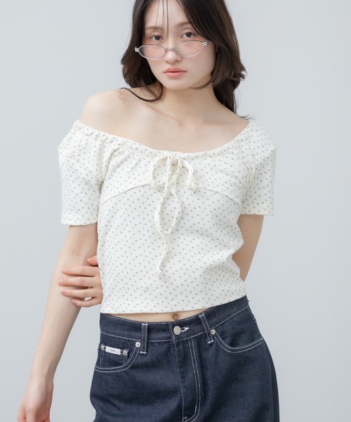 HEILIS(ヘイリス)の「花柄リボン半袖カットソー / 花柄 リボン ドロスト 半袖 トップス カットソー サーマル 韓国 カジュアル シティガール コンパクト ブラウン グレー アイボリー 夏服 春服(Tシャツ/カットソー・レディース・グレー/アイボリー/ブラウン・FREE)」の14枚目の写真