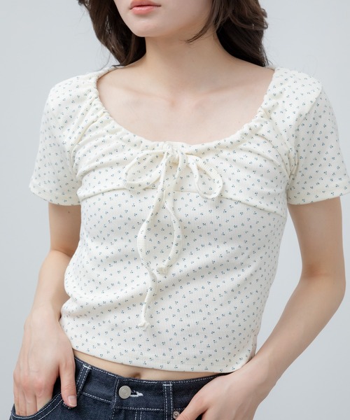 HEILIS(ヘイリス)の「花柄リボン半袖カットソー / 花柄 リボン ドロスト 半袖 トップス カットソー サーマル 韓国 カジュアル シティガール コンパクト ブラウン グレー アイボリー 夏服 春服(Tシャツ/カットソー・レディース・グレー/アイボリー/ブラウン・FREE)」の19枚目の写真
