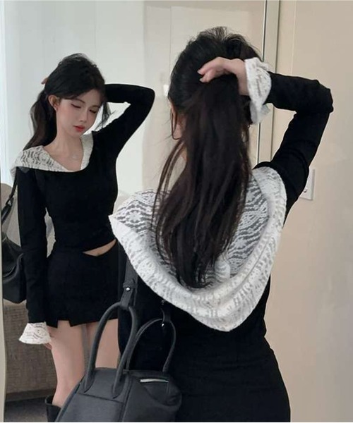 AsheKsha(アシクシャ)の「グリーンエルフの蝶柄Vネック半袖トップス(Tシャツ/カットソー・レディース・ブラック・M)」の8枚目の写真