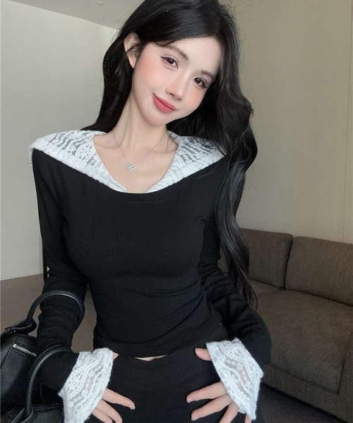 AsheKsha(アシクシャ)の「グリーンエルフの蝶柄Vネック半袖トップス(Tシャツ/カットソー・レディース・ブラック・M)」の13枚目の写真