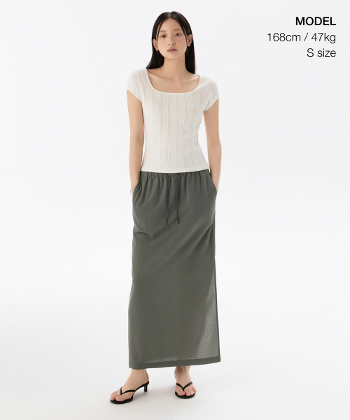 MUSINSA STANDARD WOMAN（ムシンサスタンダードウーマン）の「ウィメンズリネンライクバンディングロングスカート[グレイッシュカーキ]（スカート・レディース・その他・X-SMALL/SMALL/MEDIUM/LARGE）」の2枚目の写真