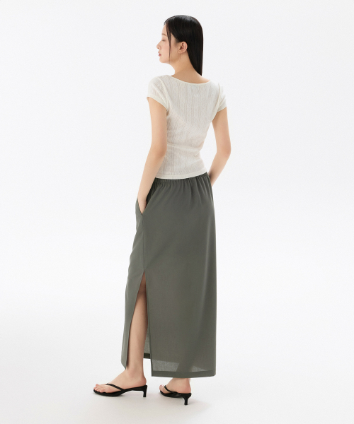 MUSINSA STANDARD WOMAN（ムシンサスタンダードウーマン）の「ウィメンズリネンライクバンディングロングスカート[グレイッシュカーキ]（スカート・レディース・その他・X-SMALL/SMALL/MEDIUM/LARGE）」の3枚目の写真