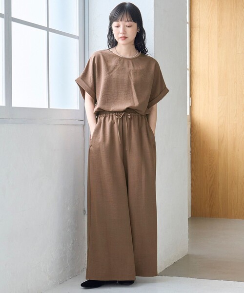 coen（コーエン）の「【再入荷/新色登場】【接触冷感/UVカット/セットアイテム】リネンタッチTブラウスセットアップ（セットアップ・レディース・ブラック/ダークグレー/ベージュ/ブラウン・M/L）」の3枚目の写真