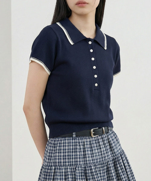 VIVID LADY（ビビッドレディー）の「ポロシャツ ヘンリーネック ニットトップス 半袖（ニット/セーター・レディース・クリーム/グレー/ネイビー/ブルー・FREE）」の3枚目の写真