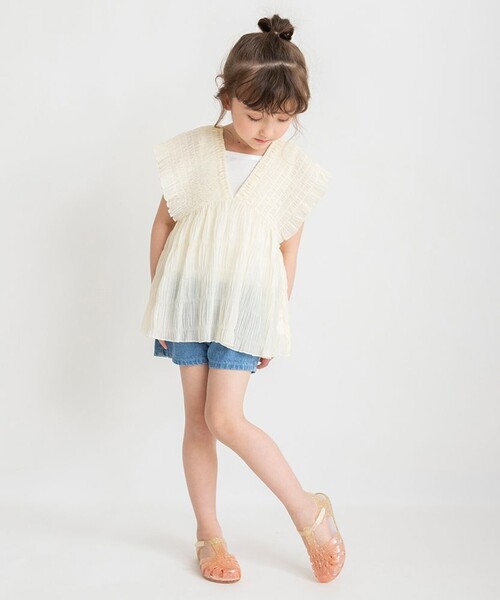 BRANSHES（ブランシェス）の「インナー付きシャーリングチュニック（シャツ/ブラウス・キッズ・クリーム/ラベンダー・150/130/110/140/120/100/90）」の3枚目の写真