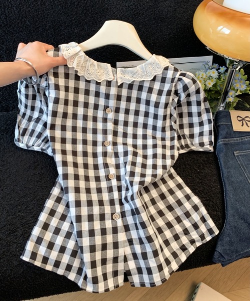 LUCPY(ラクピー)の「ギンガムチェックレースカラーブラウス(シャツ/ブラウス・レディース・ブラック・MEDIUM/LARGE/SMALL)」の6枚目の写真