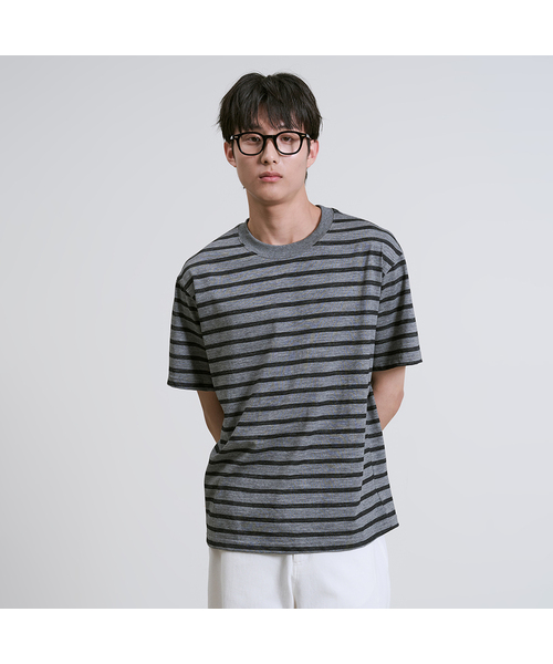 OWSA(オウサ)の「ストライプラウンド半袖Tシャツ3色(Tシャツ/カットソー・メンズ・タン/グレー/ブラック・FREE)」の2枚目の写真