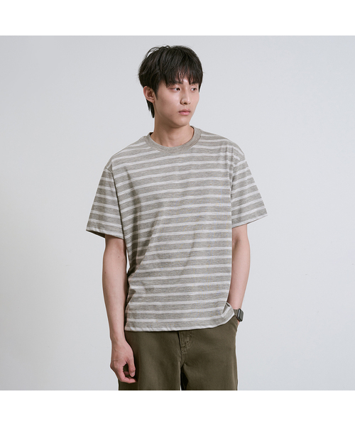 OWSA(オウサ)の「ストライプラウンド半袖Tシャツ3色(Tシャツ/カットソー・メンズ・タン/グレー/ブラック・FREE)」の3枚目の写真
