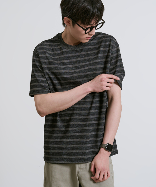 OWSA(オウサ)の「ストライプラウンド半袖Tシャツ3色(Tシャツ/カットソー・メンズ・タン/グレー/ブラック・FREE)」の5枚目の写真