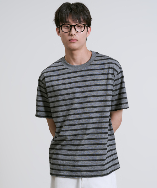OWSA(オウサ)の「ストライプラウンド半袖Tシャツ3色(Tシャツ/カットソー・メンズ・タン/グレー/ブラック・FREE)」の7枚目の写真