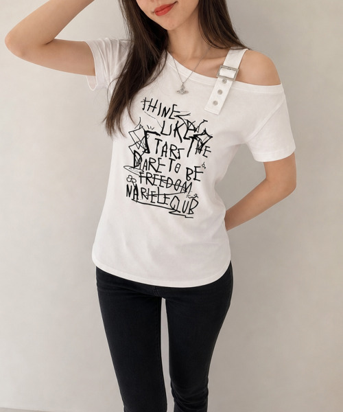 VIVID LADY(ビビッドレディー)の「ワンショルダー バックル 半袖Tシャツ(Tシャツ/カットソー・レディース・ブラック/ホワイト・FREE)」の13枚目の写真
