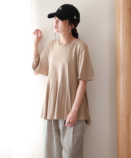 FUNALIVE(ファンアライブ)の「フレアヘムショートスリーブトップス(Tシャツ/カットソー・レディース・ミント/ブラック/オフホワイト/チャコールグレー/グレイッシュベージュ・LL~3L/M~L)」の8枚目の写真