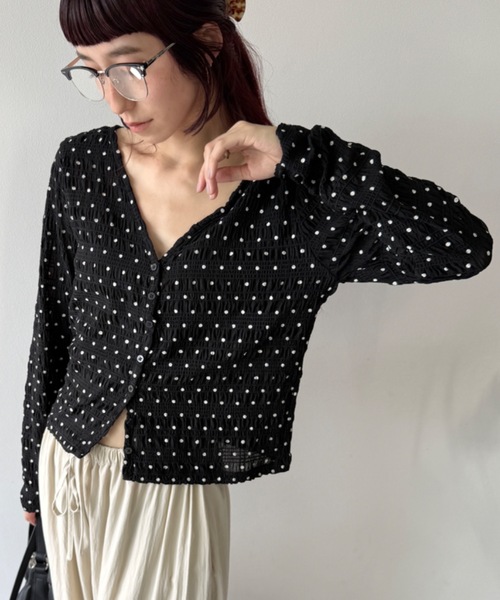 flaeu(フラユ)の「Dot Shirring Cardigan(Tシャツ/カットソー・レディース・アイボリー/ブラック・FREE)」の1枚目の写真