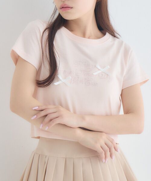 ems excite(エムズエキサイト)の「リボン付ロゴTシャツ(Tシャツ/カットソー・レディース・ピンク/オフホワイト/チャコールグレー・FREE)」の1枚目の写真