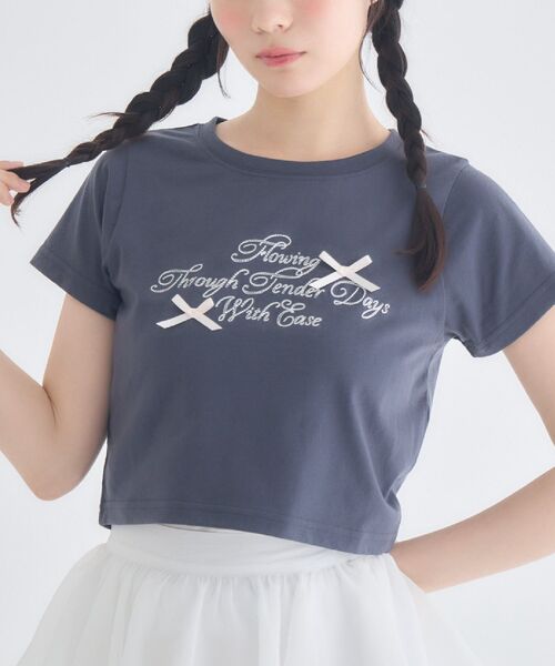 ems excite(エムズエキサイト)の「リボン付ロゴTシャツ(Tシャツ/カットソー・レディース・ピンク/オフホワイト/チャコールグレー・FREE)」の3枚目の写真