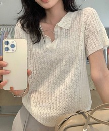 ケーブル編みポロ襟サマーニットトップス