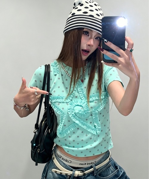 GEMEDA（ジェメダ）の「ドットシアー フリルスターモチーフ 半袖トップス（Tシャツ/カットソー・レディース・ライトグリーン・M）」の3枚目の写真