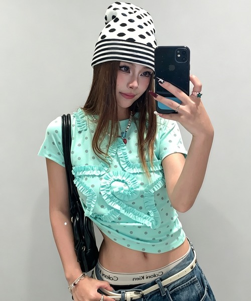 GEMEDA（ジェメダ）の「ドットシアー フリルスターモチーフ 半袖トップス（Tシャツ/カットソー・レディース・ライトグリーン・M）」の4枚目の写真