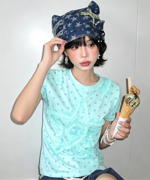 GEMEDA（ジェメダ）の「ドットシアー フリルスターモチーフ 半袖トップス（Tシャツ/カットソー・レディース・ライトグリーン・M）」の5枚目の写真