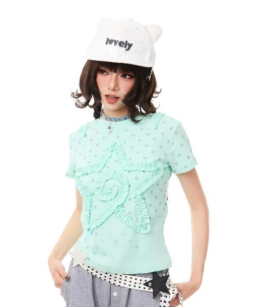 GEMEDA（ジェメダ）の「ドットシアー フリルスターモチーフ 半袖トップス（Tシャツ/カットソー・レディース・ライトグリーン・M）」の9枚目の写真