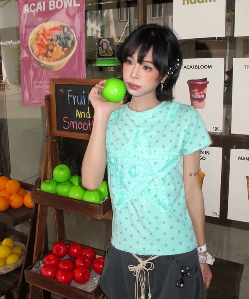GEMEDA（ジェメダ）の「ドットシアー フリルスターモチーフ 半袖トップス（Tシャツ/カットソー・レディース・ライトグリーン・M）」の10枚目の写真