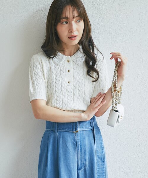 La boutique BonBon(ラブティックボンボン)の「【きれいめにもカジュアルにも】ブークレスパンコールケーブル半袖ニット(ニット/セーター・レディース・ネイビー/オフホワイト・FREE)」の3枚目の写真