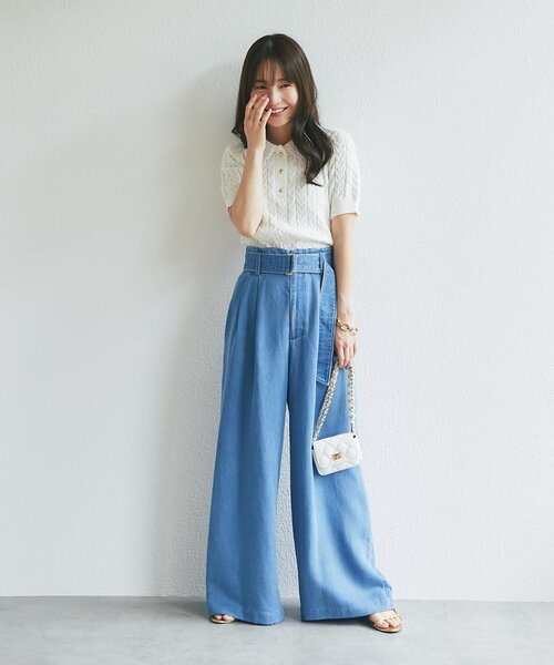 La boutique BonBon(ラブティックボンボン)の「【きれいめにもカジュアルにも】ブークレスパンコールケーブル半袖ニット(ニット/セーター・レディース・ネイビー/オフホワイト・FREE)」の5枚目の写真