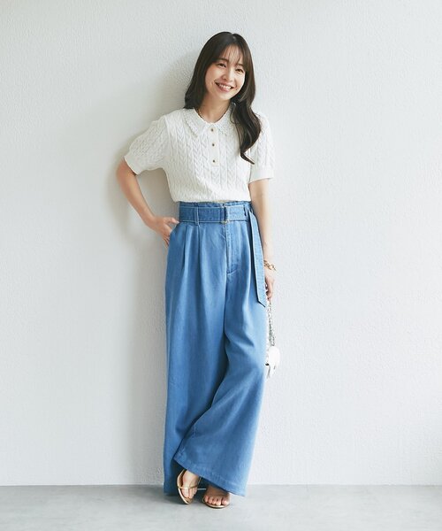 La boutique BonBon(ラブティックボンボン)の「【きれいめにもカジュアルにも】ブークレスパンコールケーブル半袖ニット(ニット/セーター・レディース・ネイビー/オフホワイト・FREE)」の8枚目の写真