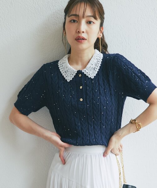La boutique BonBon(ラブティックボンボン)の「【きれいめにもカジュアルにも】ブークレスパンコールケーブル半袖ニット(ニット/セーター・レディース・ネイビー/オフホワイト・FREE)」の10枚目の写真