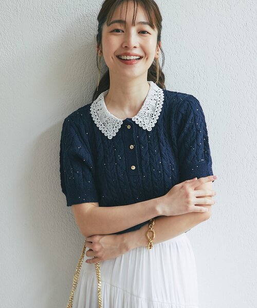 La boutique BonBon(ラブティックボンボン)の「【きれいめにもカジュアルにも】ブークレスパンコールケーブル半袖ニット(ニット/セーター・レディース・ネイビー/オフホワイト・FREE)」の13枚目の写真