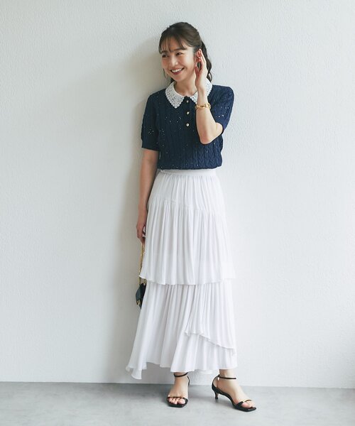 La boutique BonBon(ラブティックボンボン)の「【きれいめにもカジュアルにも】ブークレスパンコールケーブル半袖ニット(ニット/セーター・レディース・ネイビー/オフホワイト・FREE)」の14枚目の写真