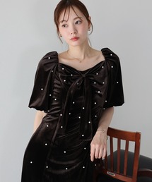 《2サイズ展開》リボンパールベロアドレス 結婚式 成人式 二次会 同窓会 セレモニー パーティードレス オケージョンドレス お呼ばれ 20代 30代