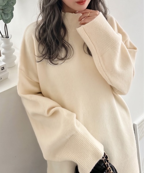 Eclat one(エクラワン)の「【落ち感/着ぶくれしにくい】太リブハイネックオーバーニットプルオーバー(ニット/セーター・レディース・グレー/ブラウン/ブラック/アイボリー・FREE)」の1枚目の写真