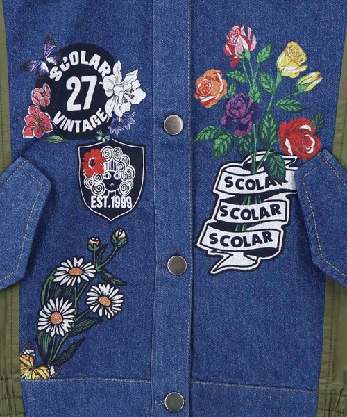 ScoLar(スカラー)の「163608:ワッペン風プリント 異素材配色デニムジャケット(ブルゾン・レディース・ブラック/ブルー・M)」の7枚目の写真